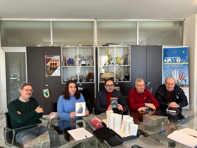 Conferenza stampa presentazione omaggio Chelli 22.01.24: da sx: Paolo Giannotti, Chiara Baria, Francesco Persiani, Massimo Dalle Luche, Franco Frediani 