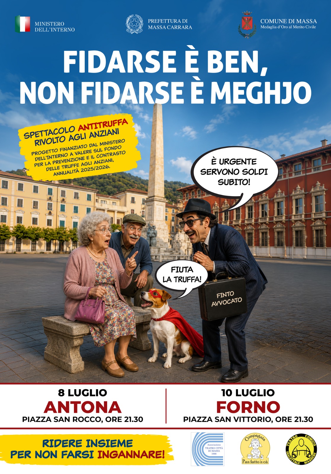 locandina spettacoli anti truffe anziani  2026 